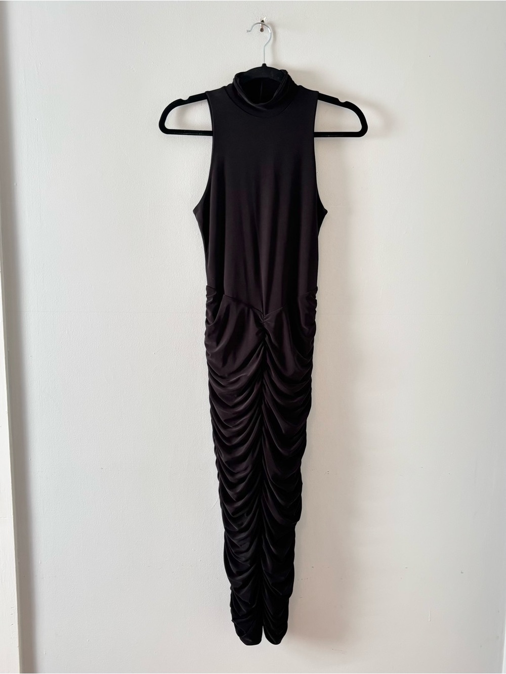 Club L London Ruched Turtleneck Midi Dress Sleeveless Back Zip Black Formal